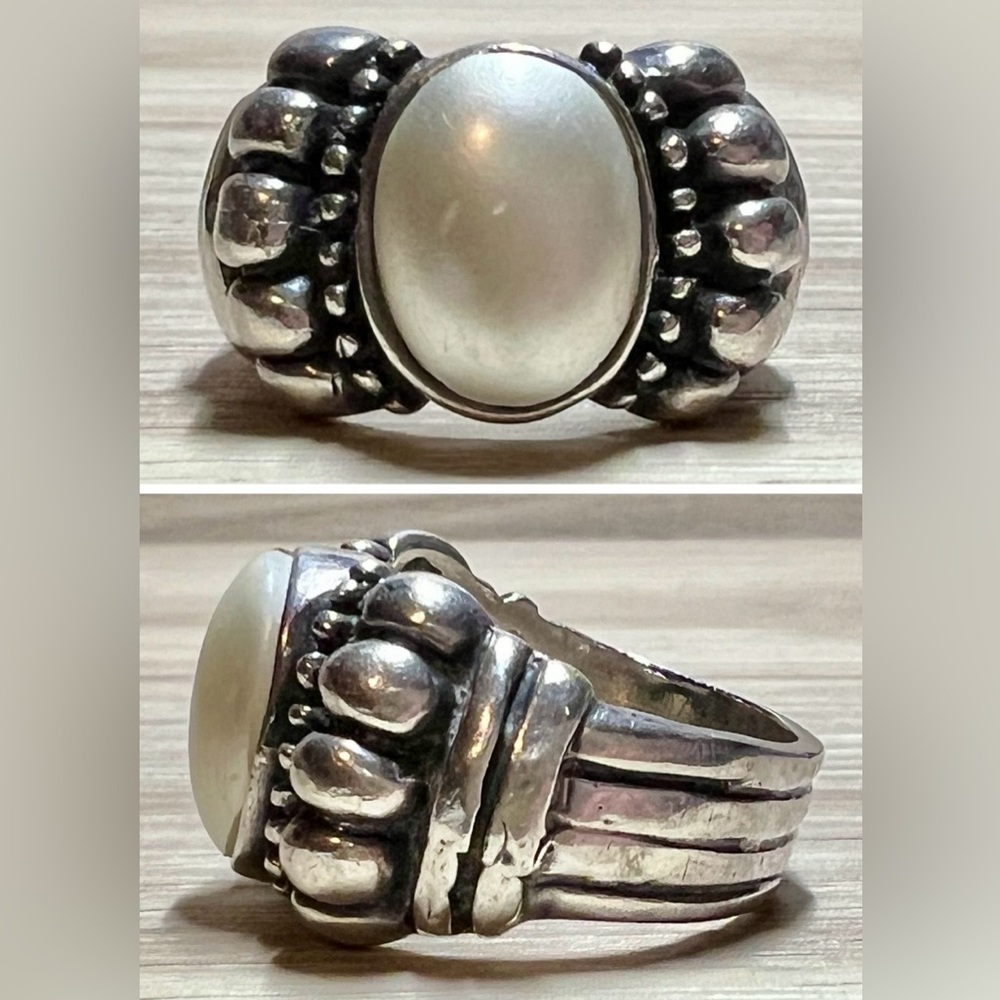 Vintage Native American Sterling Silver Pebbled Pearl Cabochon Ring, Size 8